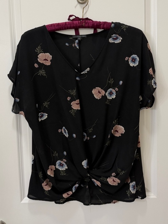 West Kei Tops - West Kei Black Floral Short-Sleeve Tie-Front Blouse